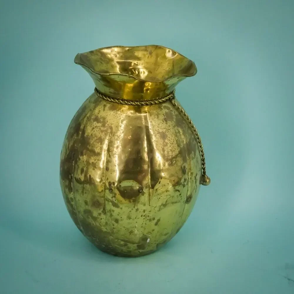 Vintage Brass Vase Planter Urn Bucket Rope Detail 9.5 Inches Metal